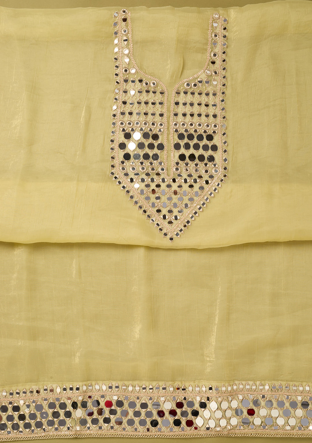Lemon Yellow Tissue Mirrorwork Unstitched Dress Material With Matching Bottom And Dupatta