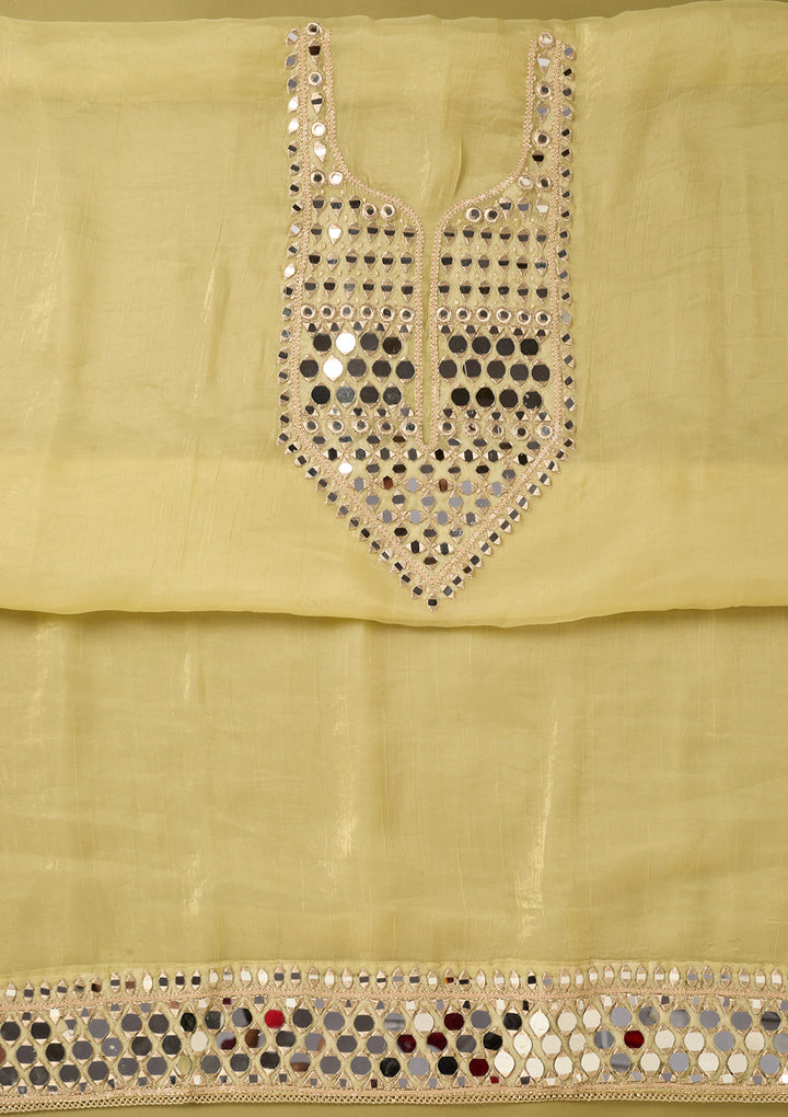 Lemon Yellow Tissue Mirrorwork Unstitched Dress Material With Matching Bottom And Dupatta