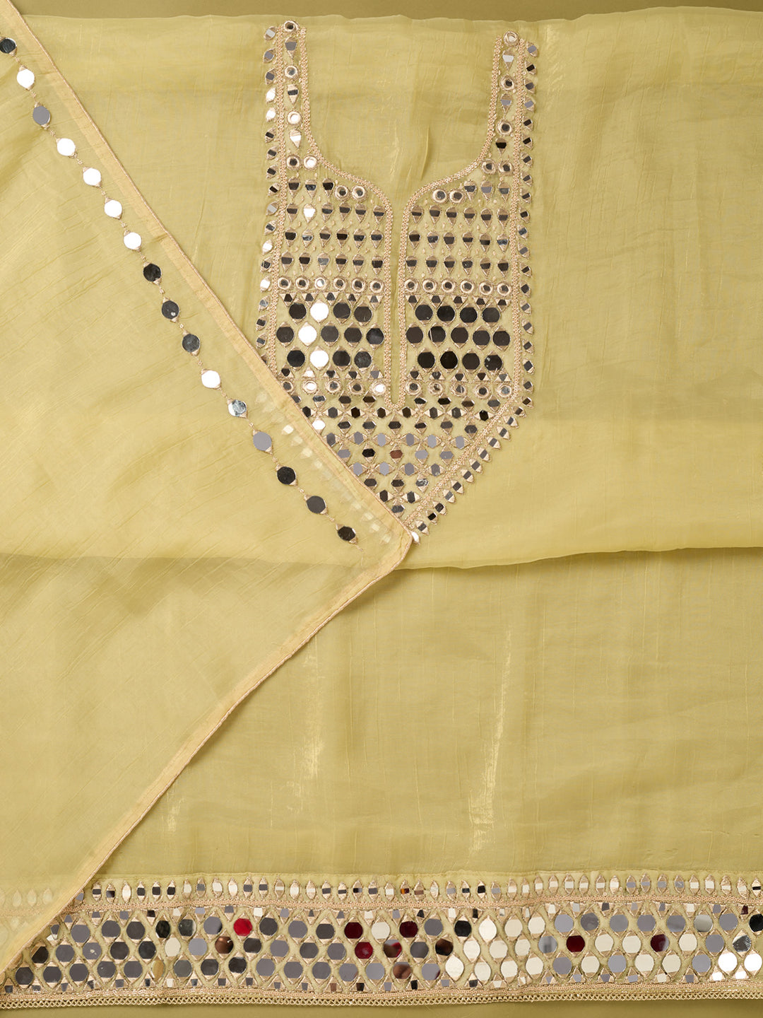 Lemon Yellow Tissue Mirrorwork Unstitched Dress Material With Matching Bottom And Dupatta