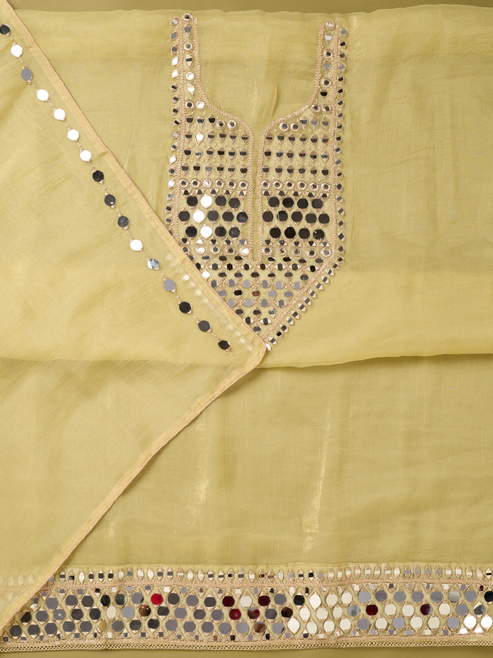 Lemon Yellow Tissue Mirrorwork Unstitched Dress Material With Matching Bottom And Dupatta