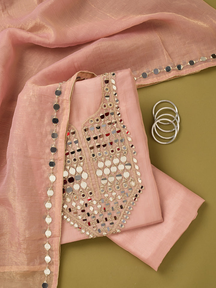 Onion Pink Tissue Mirrorwork Unstitched Dress Material With Matching Bottom And Dupatta