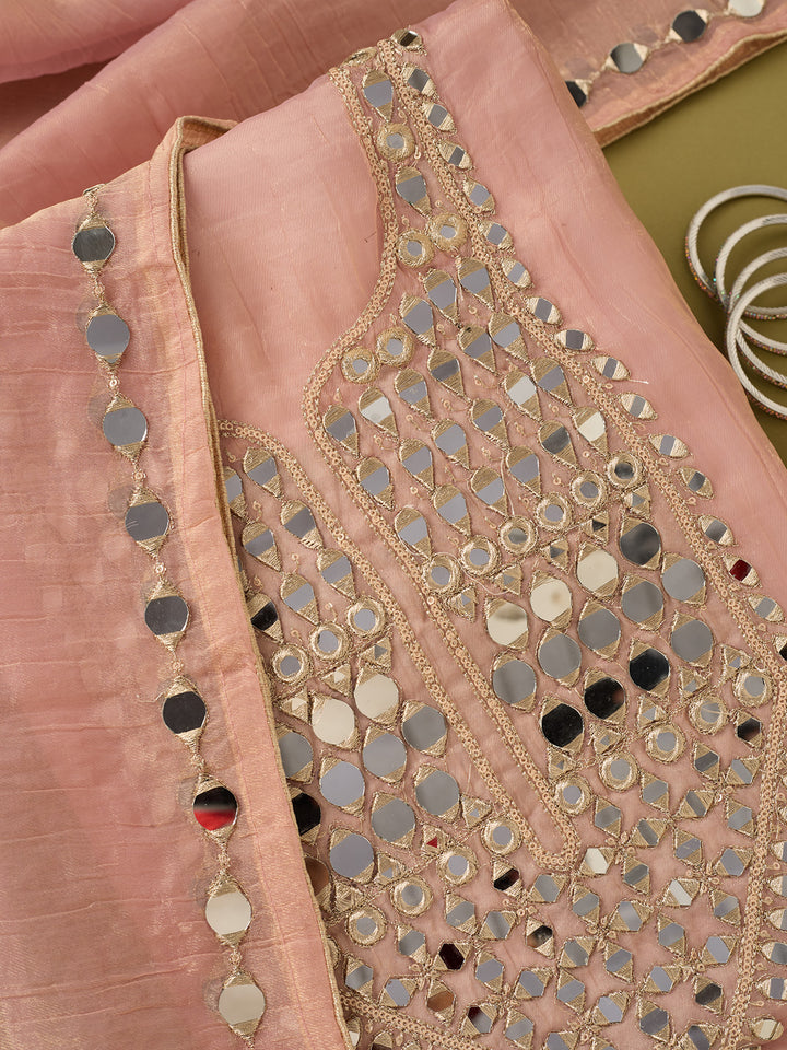 Onion Pink Tissue Mirrorwork Unstitched Dress Material With Matching Bottom And Dupatta