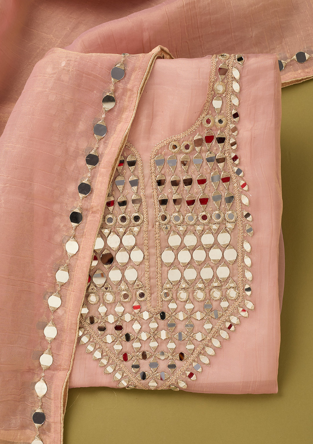Onion Pink Tissue Mirrorwork Unstitched Dress Material With Matching Bottom And Dupatta