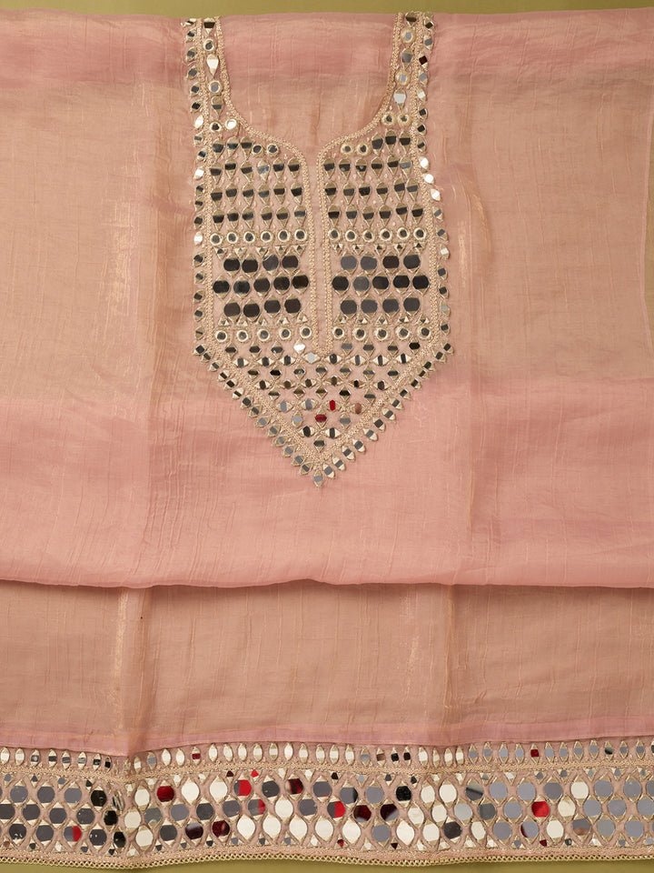 Onion Pink Tissue Mirrorwork Unstitched Dress Material With Matching Bottom And Dupatta