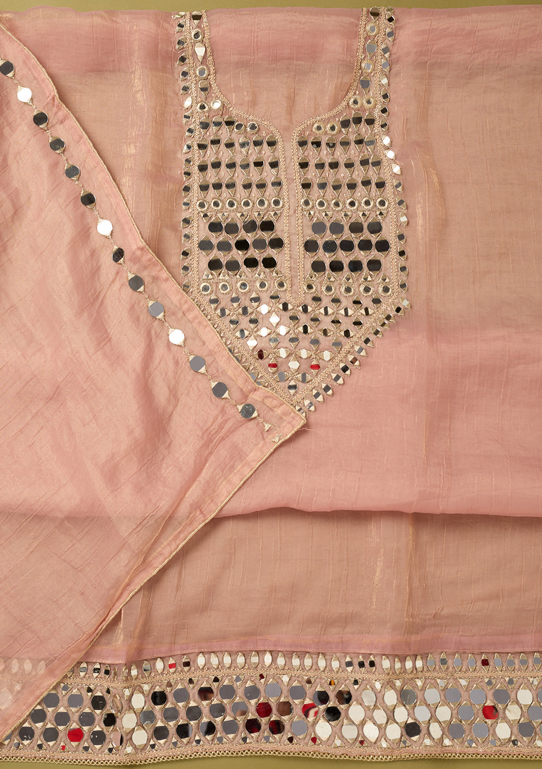 Onion Pink Tissue Mirrorwork Unstitched Dress Material With Matching Bottom And Dupatta