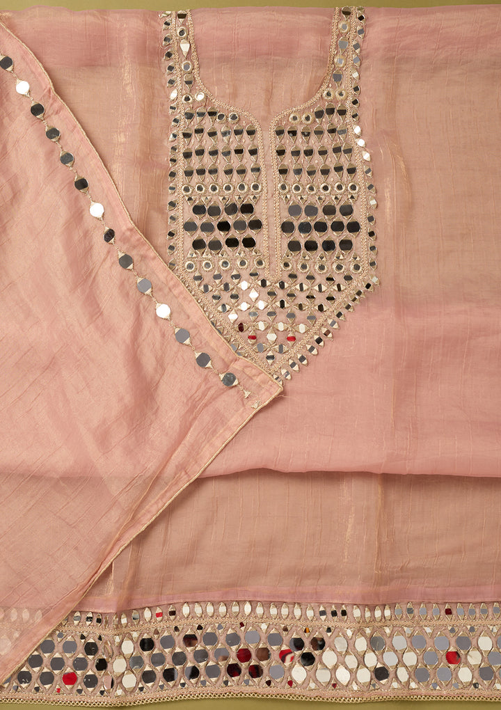 Onion Pink Tissue Mirrorwork Unstitched Dress Material With Matching Bottom And Dupatta
