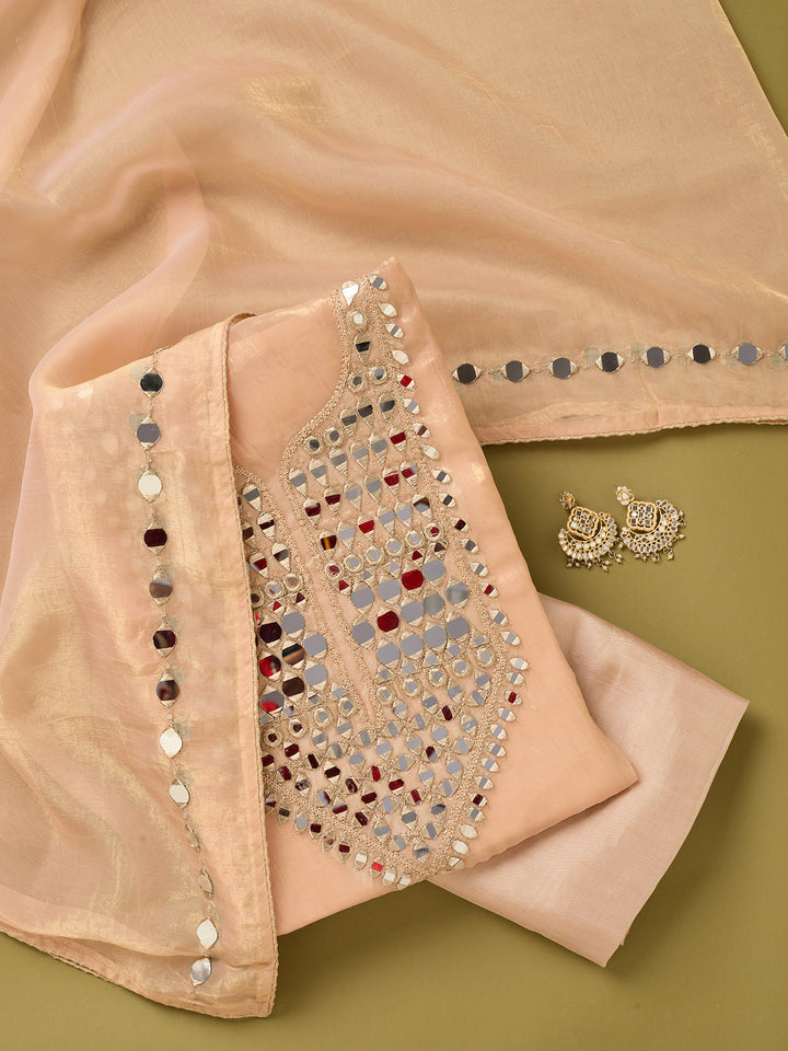 Peach Tissue Mirrorwork Unstitched Dress Material With Matching Bottom And Dupatta