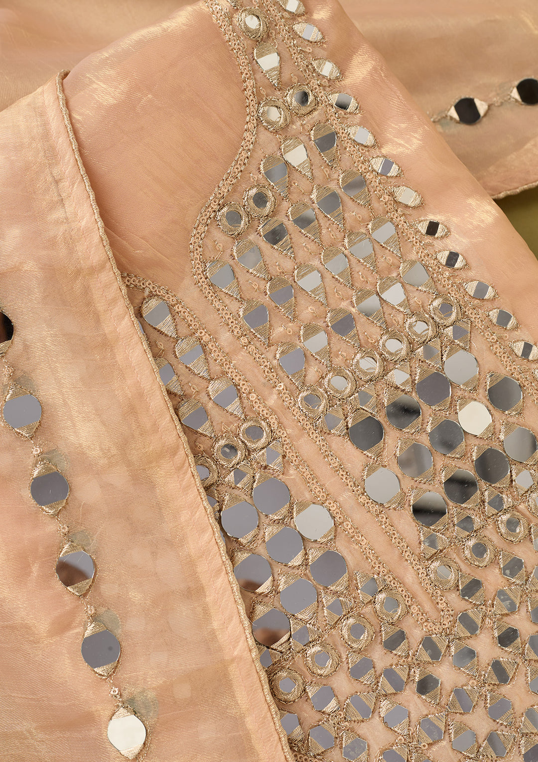 Peach Tissue Mirrorwork Unstitched Dress Material With Matching Bottom And Dupatta