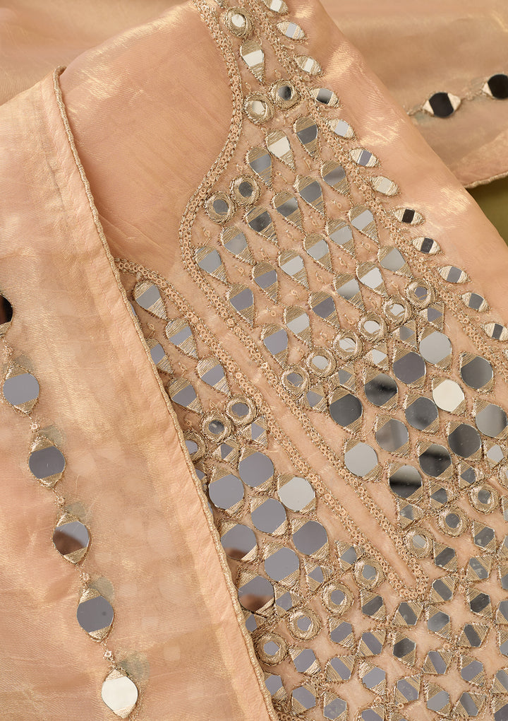 Peach Tissue Mirrorwork Unstitched Dress Material With Matching Bottom And Dupatta