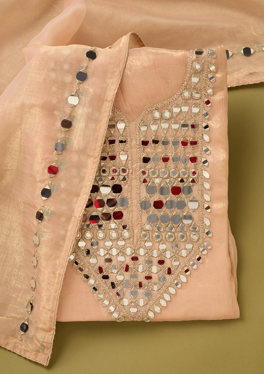 Peach Tissue Mirrorwork Unstitched Dress Material With Matching Bottom And Dupatta