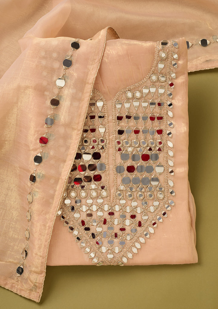 Peach Tissue Mirrorwork Unstitched Dress Material With Matching Bottom And Dupatta