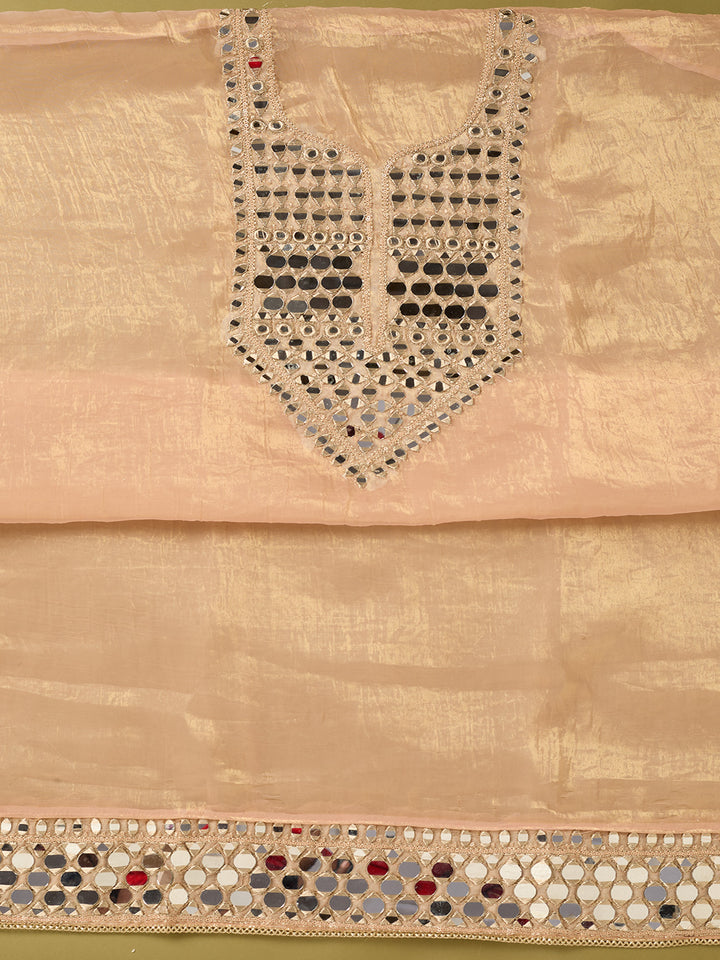 Peach Tissue Mirrorwork Unstitched Dress Material With Matching Bottom And Dupatta