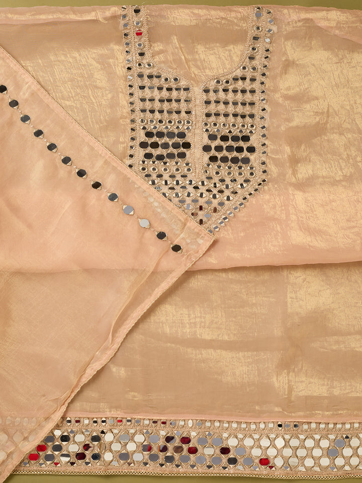 Peach Tissue Mirrorwork Unstitched Dress Material With Matching Bottom And Dupatta