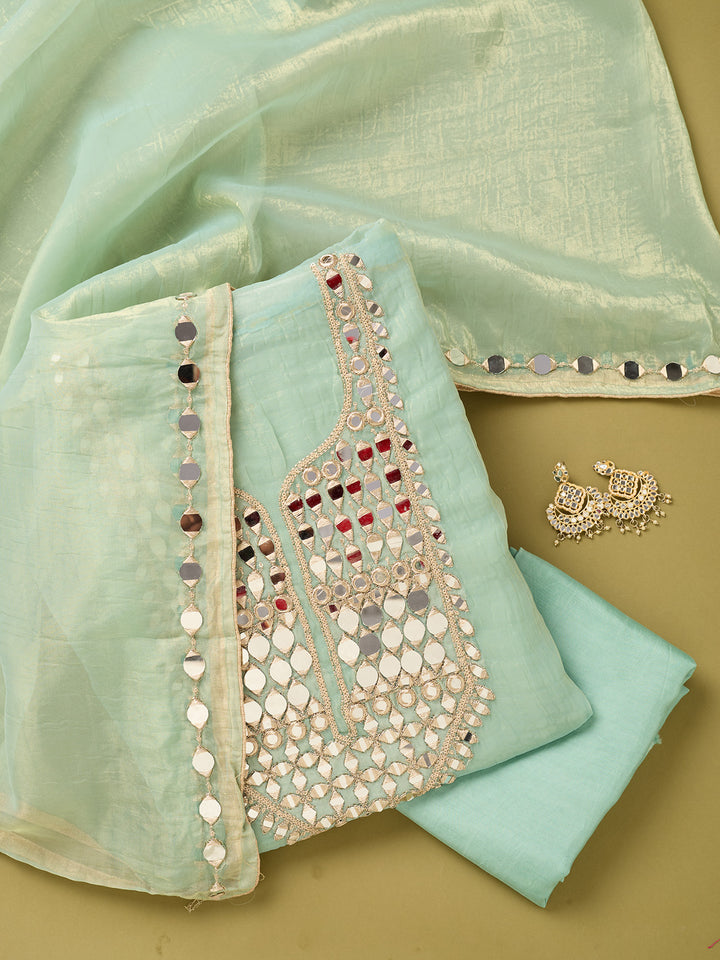 Sea Green Tissue Mirrorwork Unstitched Dress Material With Matching Bottom And Dupatta