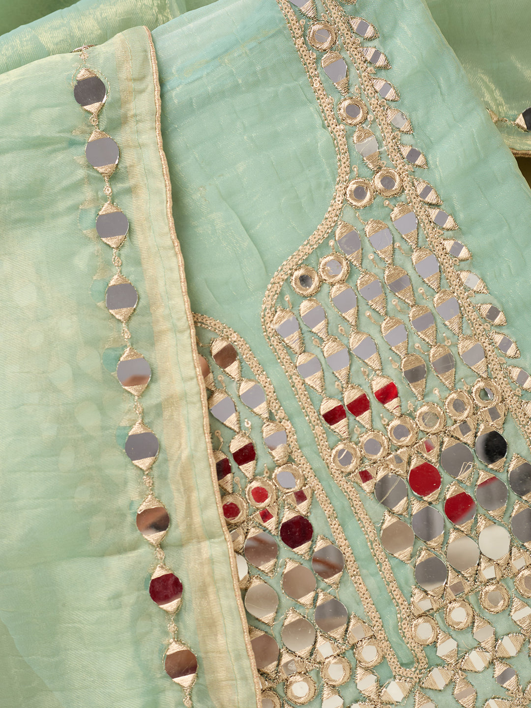 Sea Green Tissue Mirrorwork Unstitched Dress Material With Matching Bottom And Dupatta