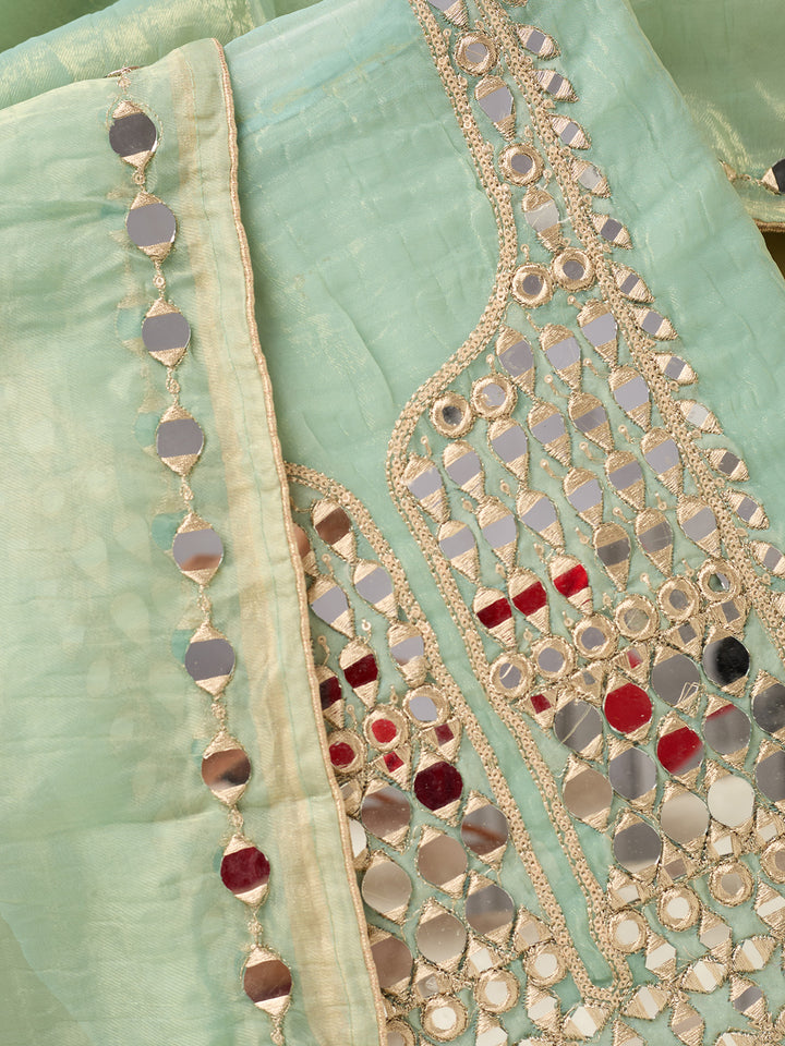 Sea Green Tissue Mirrorwork Unstitched Dress Material With Matching Bottom And Dupatta