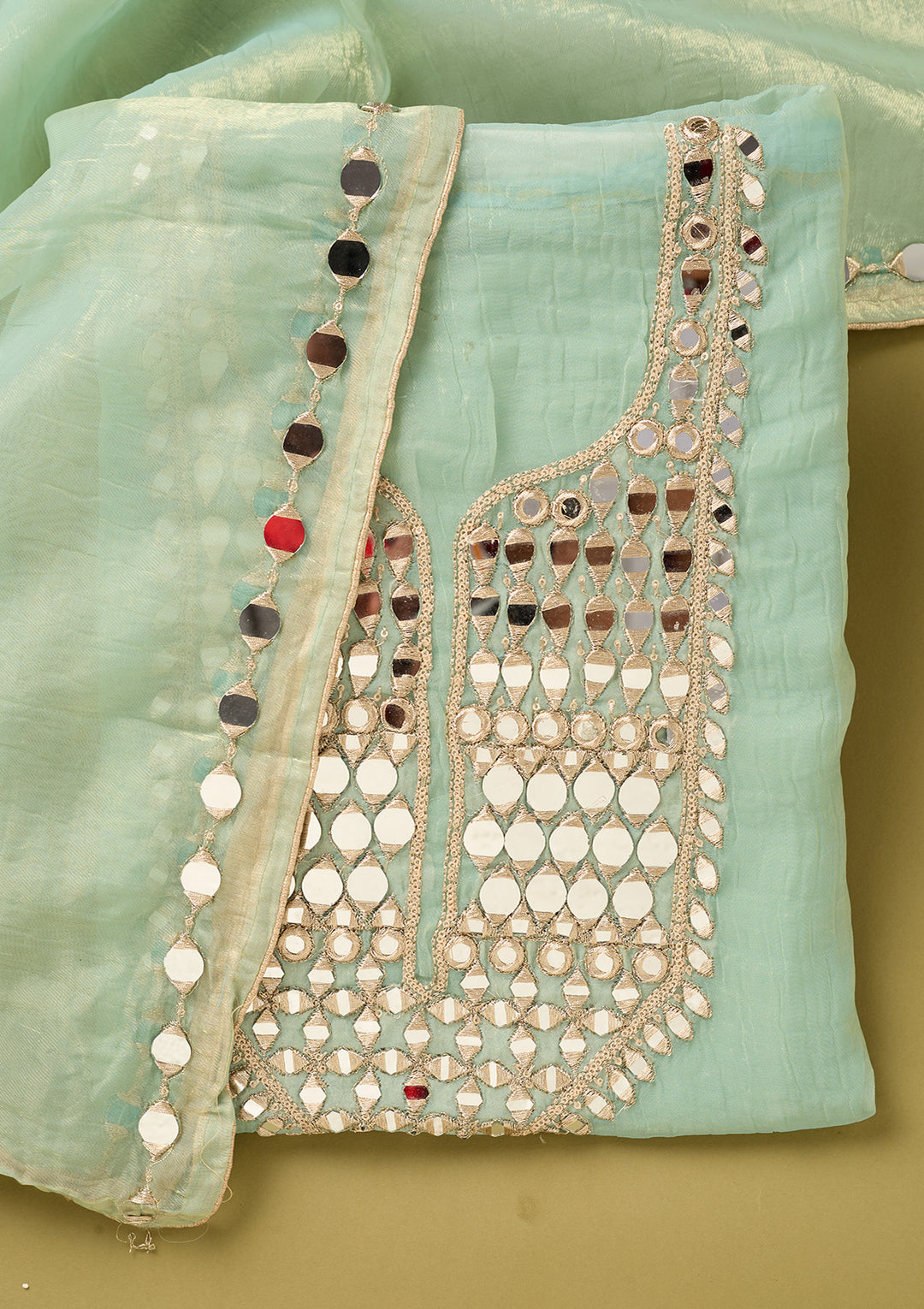 Sea Green Tissue Mirrorwork Unstitched Dress Material With Matching Bottom And Dupatta