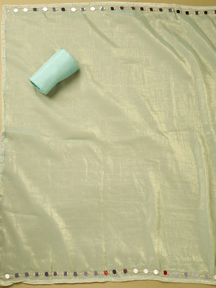 Sea Green Tissue Mirrorwork Unstitched Dress Material With Matching Bottom And Dupatta