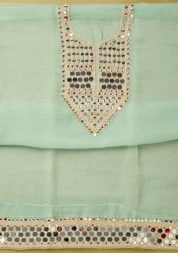 Sea Green Tissue Mirrorwork Unstitched Dress Material With Matching Bottom And Dupatta