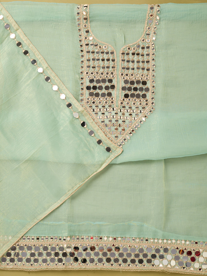 Sea Green Tissue Mirrorwork Unstitched Dress Material With Matching Bottom And Dupatta