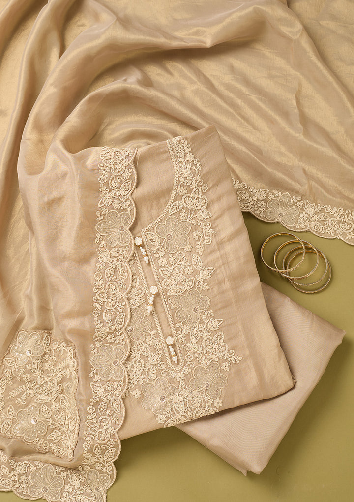 Beige Tissue Cording Unstitched Dress Material With Matching Bottom And Dupatta