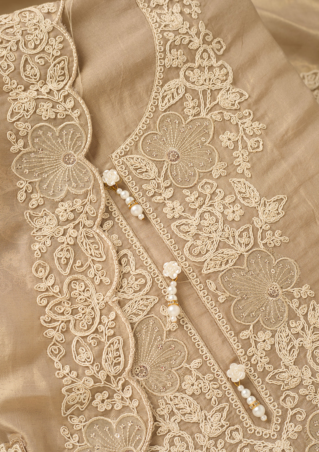 Beige Tissue Cording Unstitched Dress Material With Matching Bottom And Dupatta