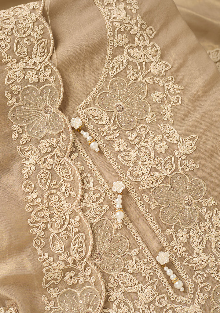 Beige Tissue Cording Unstitched Dress Material With Matching Bottom And Dupatta