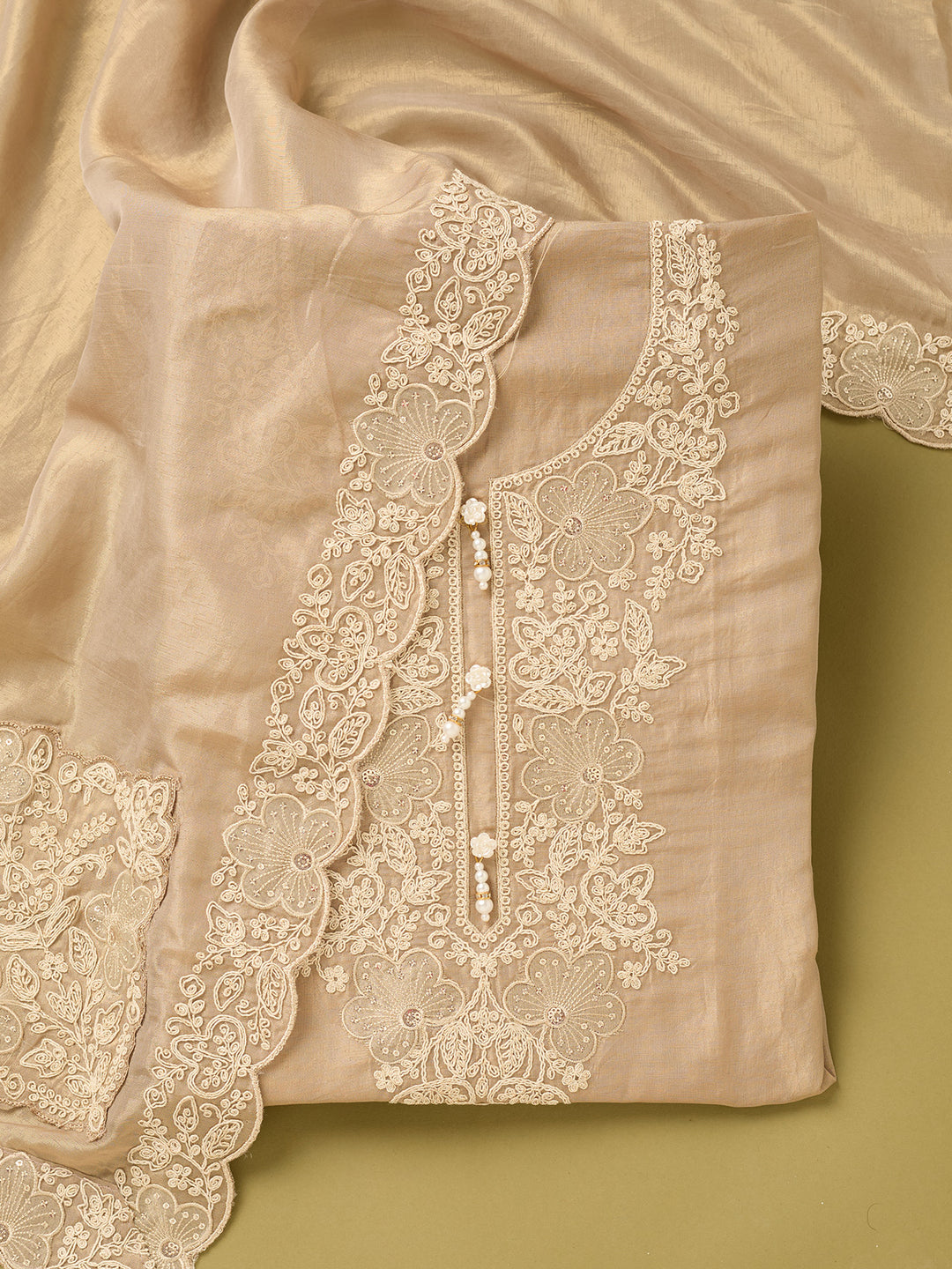 Beige Tissue Cording Unstitched Dress Material With Matching Bottom And Dupatta