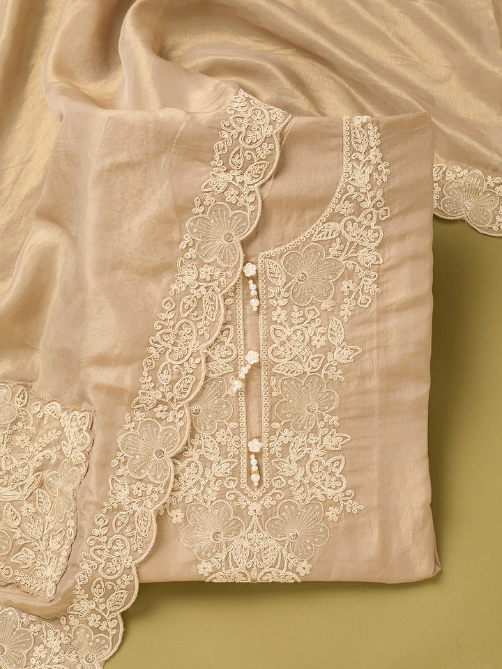 Beige Tissue Cording Unstitched Dress Material With Matching Bottom And Dupatta