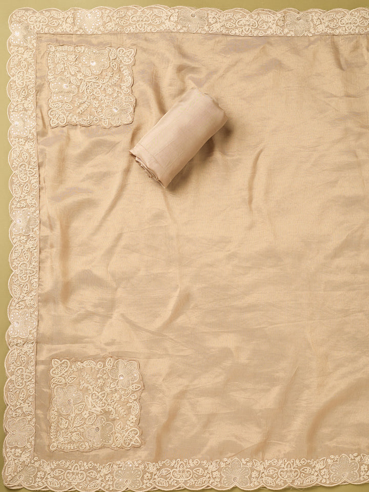 Beige Tissue Cording Unstitched Dress Material With Matching Bottom And Dupatta