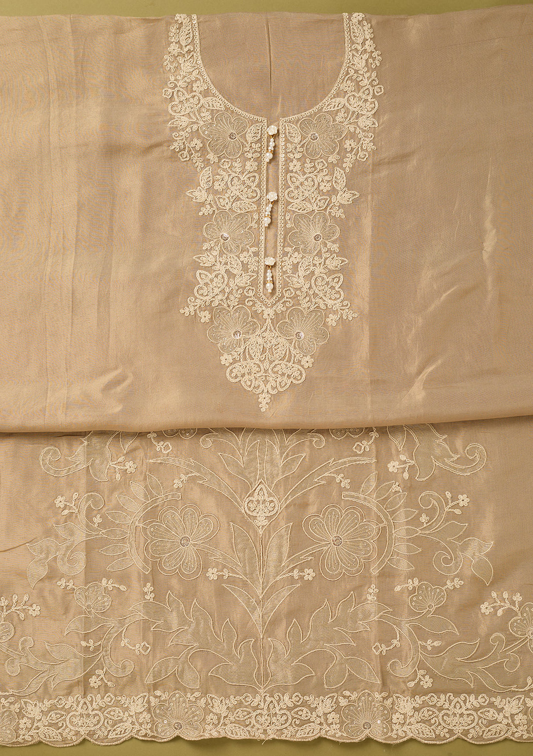 Beige Tissue Cording Unstitched Dress Material With Matching Bottom And Dupatta