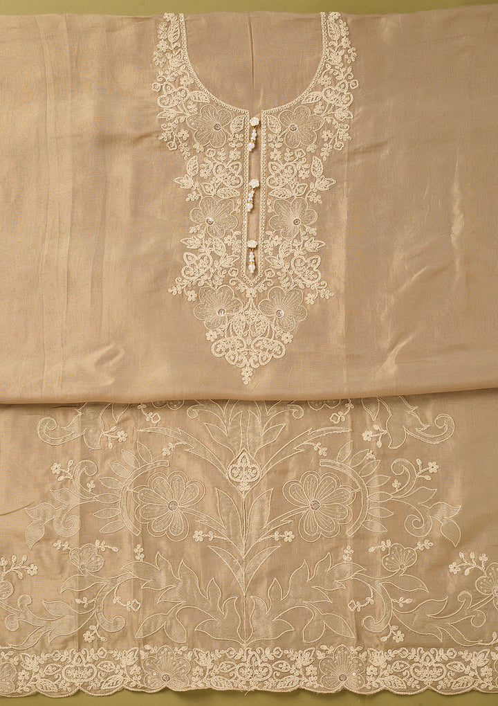 Beige Tissue Cording Unstitched Dress Material With Matching Bottom And Dupatta