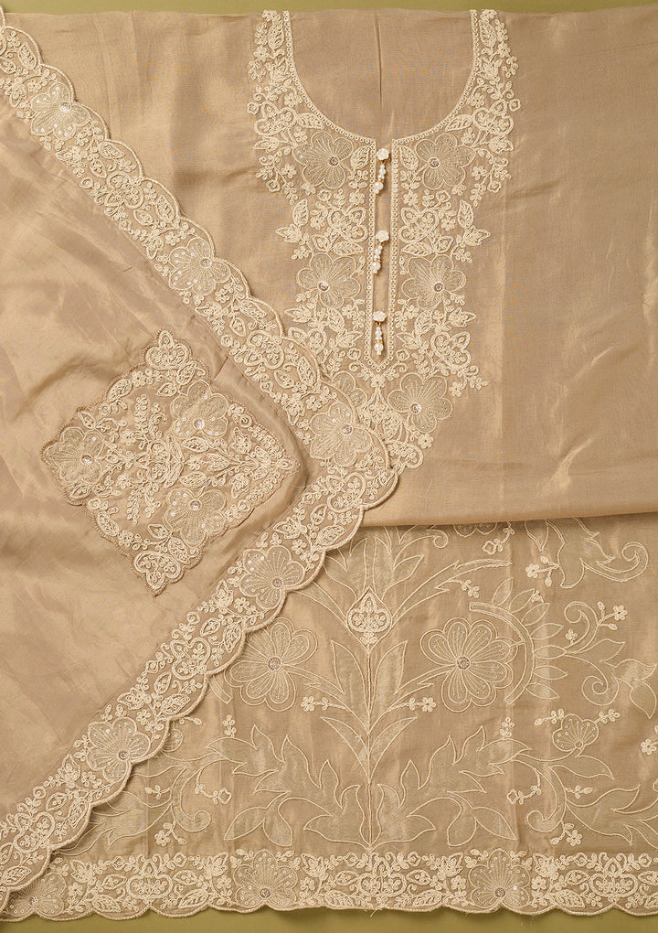 Beige Tissue Cording Unstitched Dress Material With Matching Bottom And Dupatta