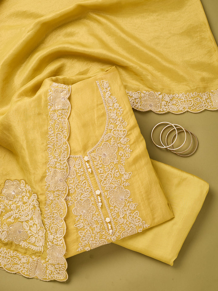 Mustard Yellow Tissue Cording Unstitched Dress Material With Matching Bottom And Dupatta