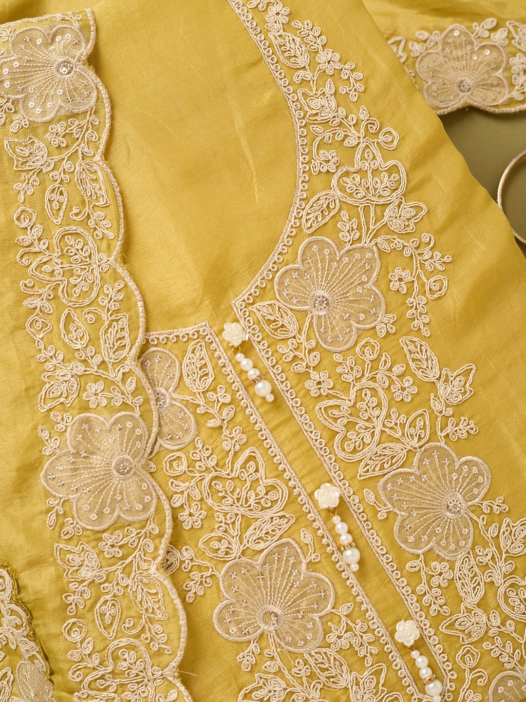 Mustard Yellow Tissue Cording Unstitched Dress Material With Matching Bottom And Dupatta