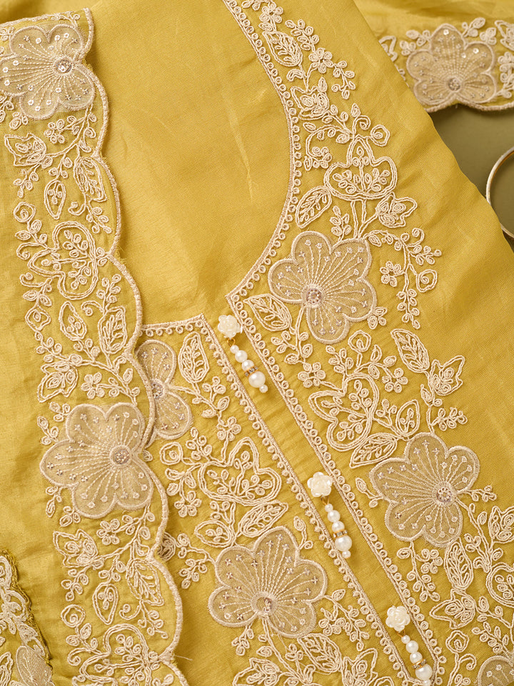 Mustard Yellow Tissue Cording Unstitched Dress Material With Matching Bottom And Dupatta