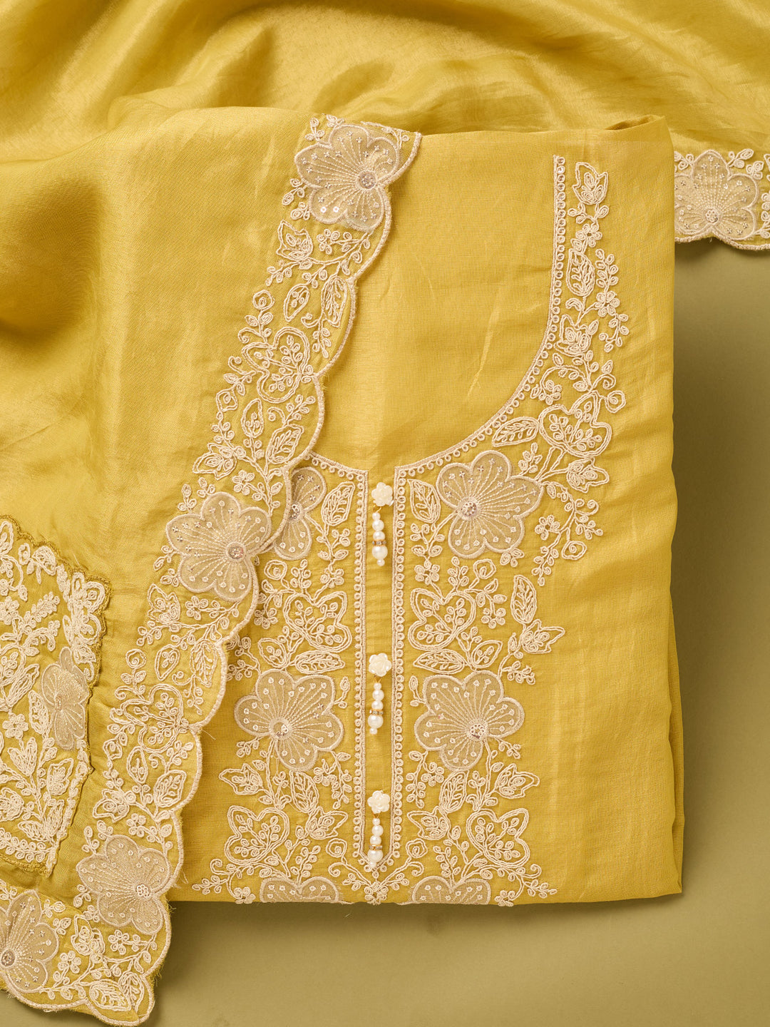Mustard Yellow Tissue Cording Unstitched Dress Material With Matching Bottom And Dupatta