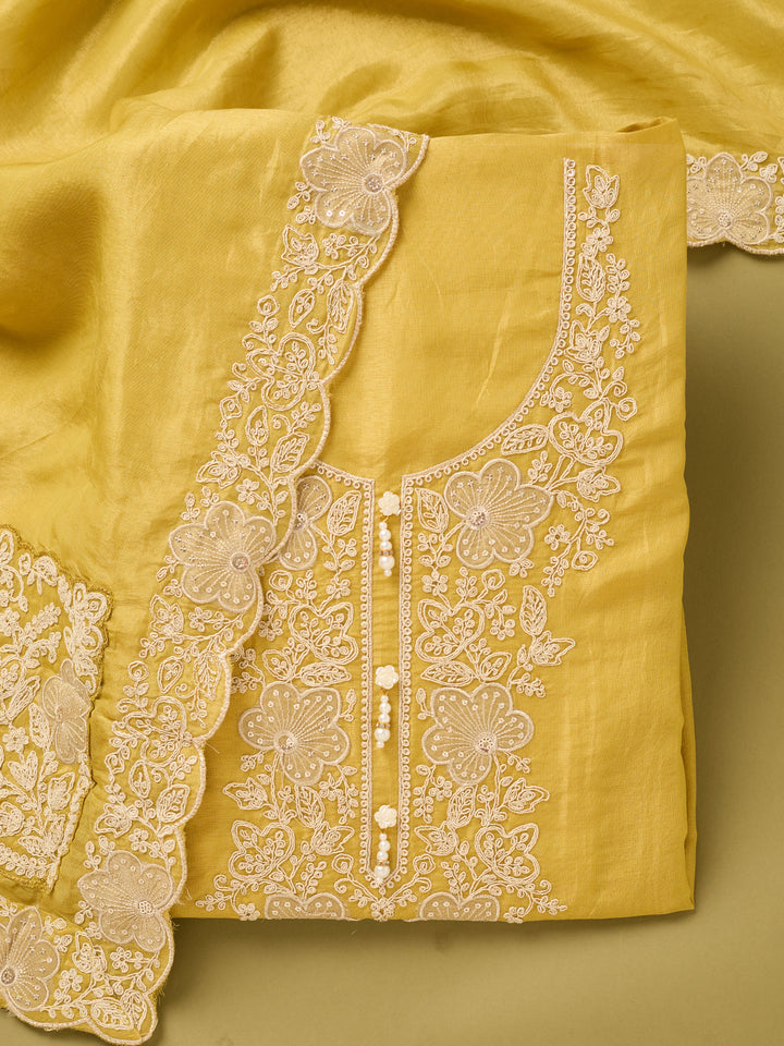 Mustard Yellow Tissue Cording Unstitched Dress Material With Matching Bottom And Dupatta