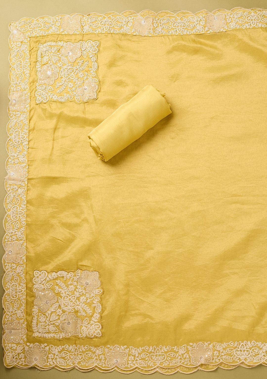 Mustard Yellow Tissue Cording Unstitched Dress Material With Matching Bottom And Dupatta