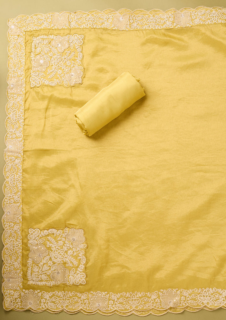 Mustard Yellow Tissue Cording Unstitched Dress Material With Matching Bottom And Dupatta