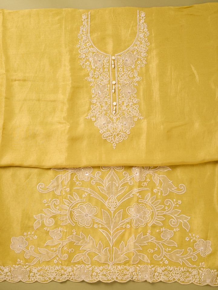 Mustard Yellow Tissue Cording Unstitched Dress Material With Matching Bottom And Dupatta
