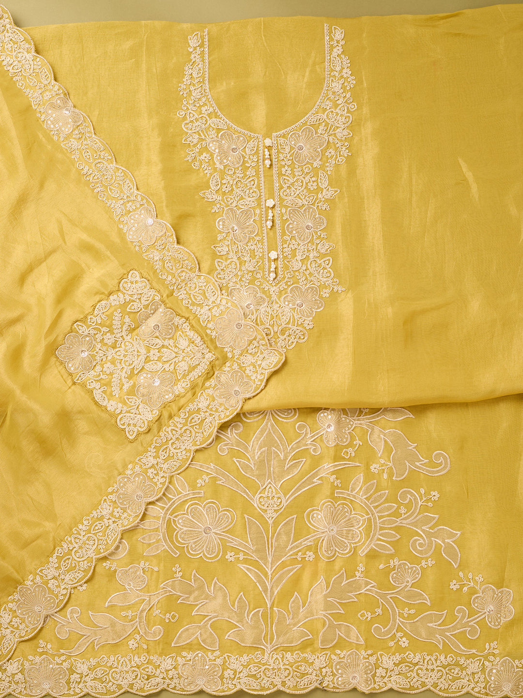 Mustard Yellow Tissue Cording Unstitched Dress Material With Matching Bottom And Dupatta