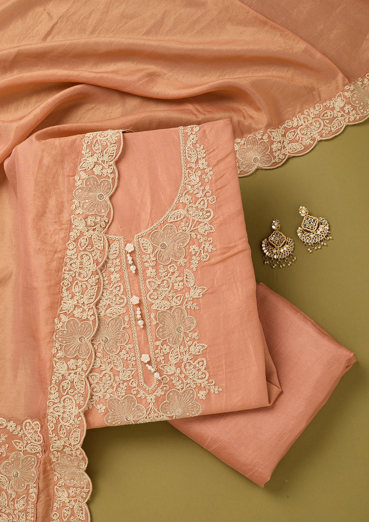 Peach Tissue Cording Unstitched Dress Material With Matching Bottom And Dupatta