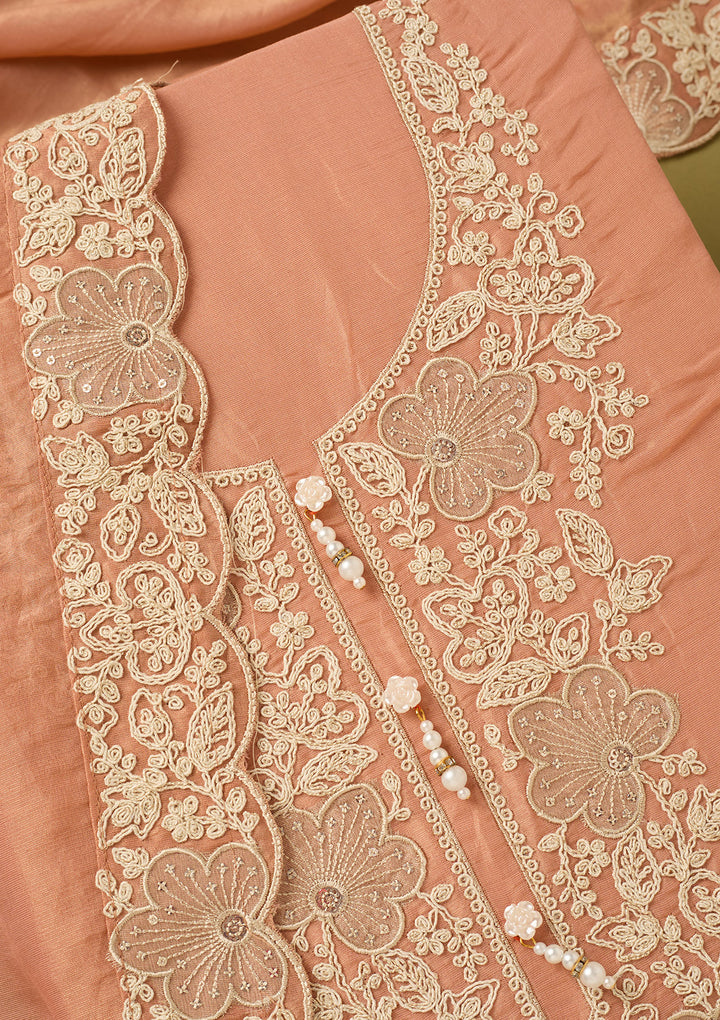 Peach Tissue Cording Unstitched Dress Material With Matching Bottom And Dupatta