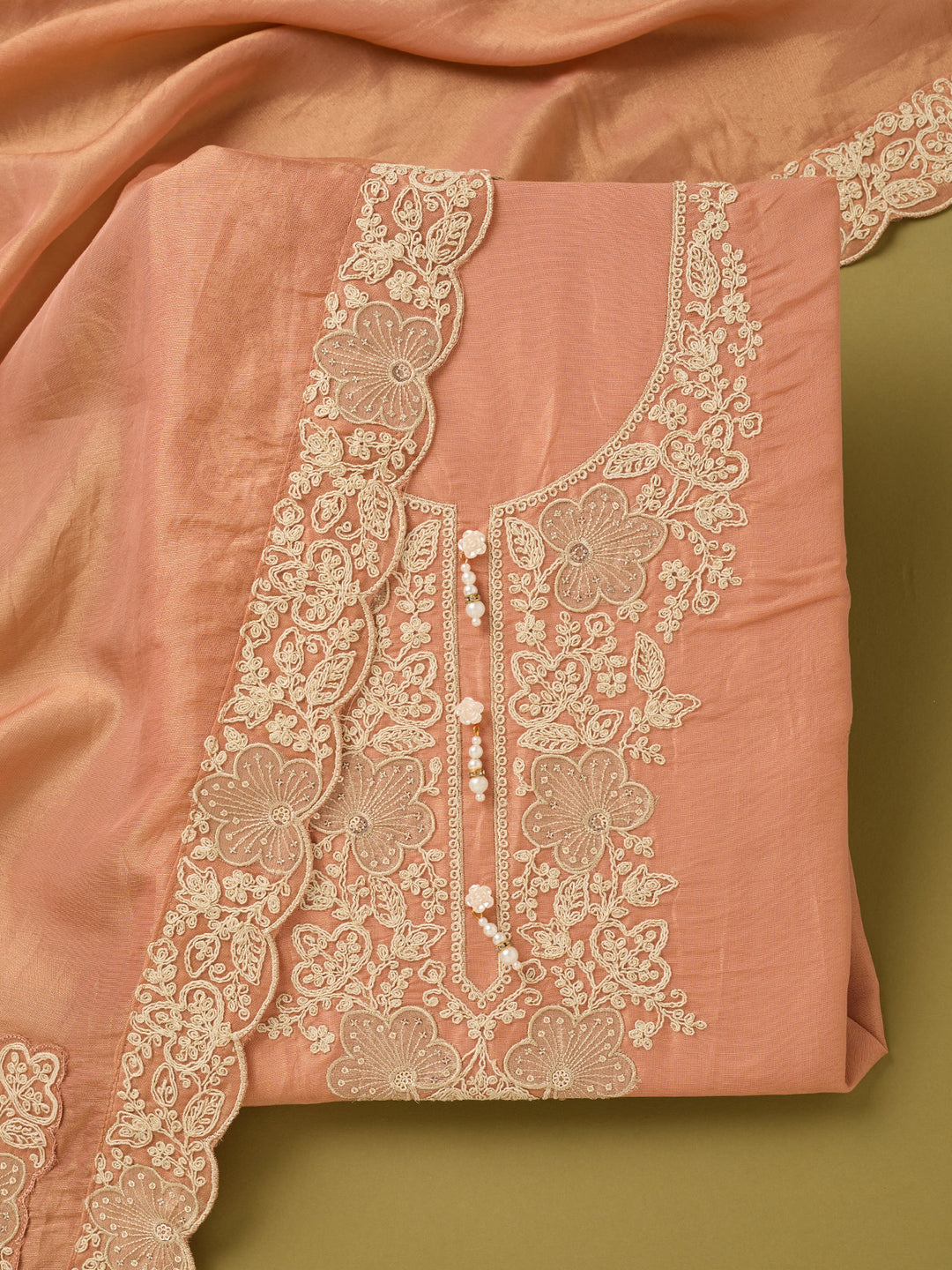 Peach Tissue Cording Unstitched Dress Material With Matching Bottom And Dupatta