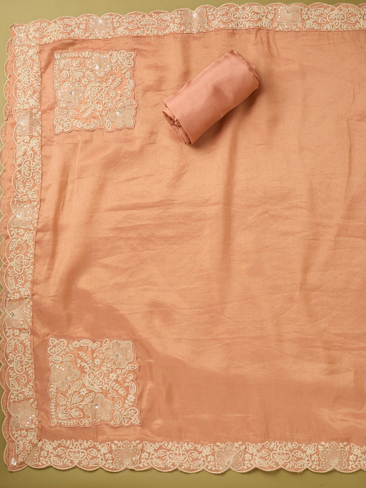 Peach Tissue Cording Unstitched Dress Material With Matching Bottom And Dupatta