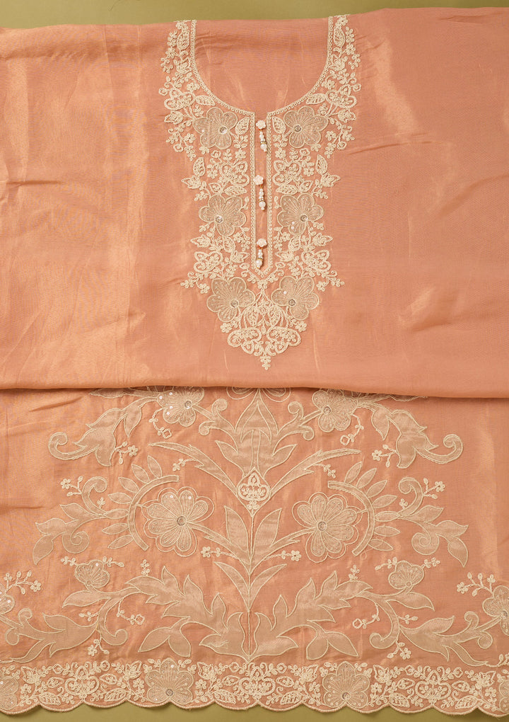 Peach Tissue Cording Unstitched Dress Material With Matching Bottom And Dupatta