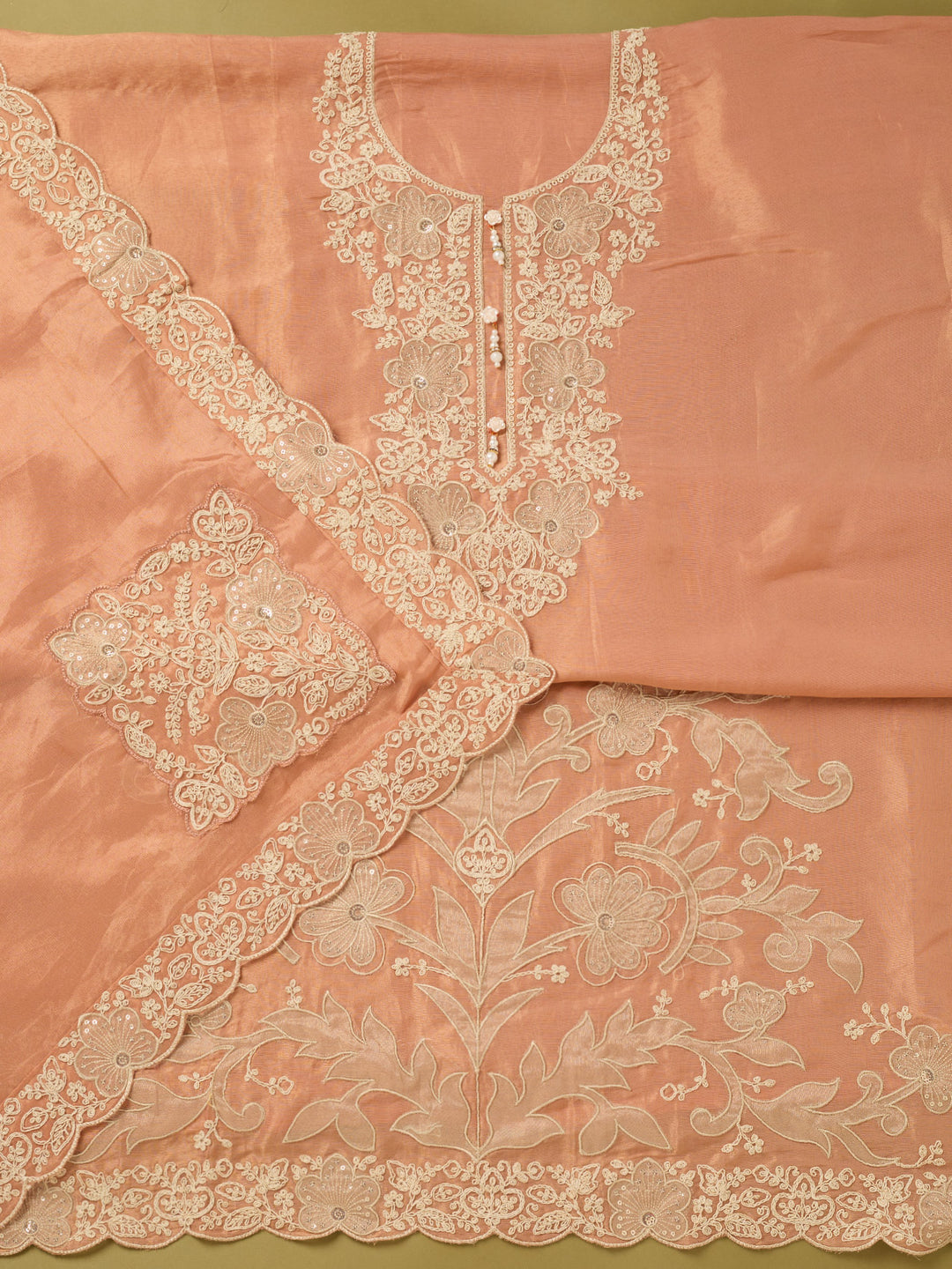Peach Tissue Cording Unstitched Dress Material With Matching Bottom And Dupatta