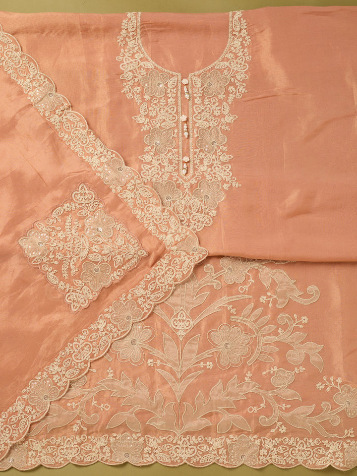 Peach Tissue Cording Unstitched Dress Material With Matching Bottom And Dupatta