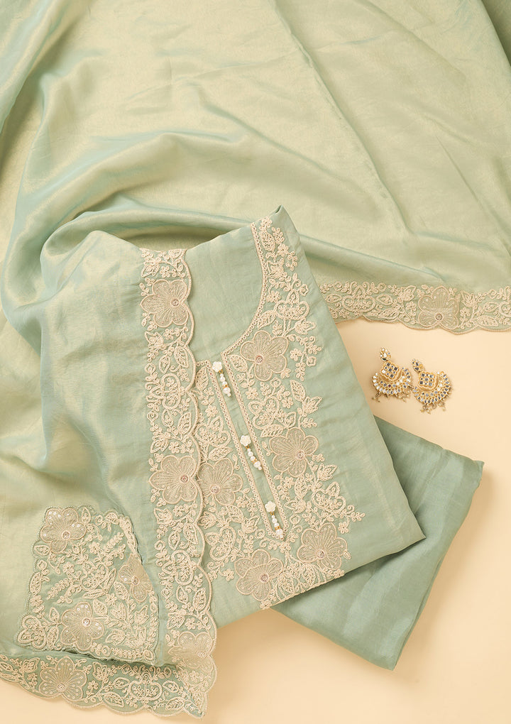 Sea Green Tissue Cording Unstitched Dress Material With Matching Bottom And Dupatta
